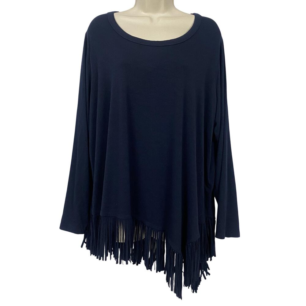Karen Kane Tunic Top Womens 3X Navy Blue Fringe Hem Knit Asymmetric Boho Western